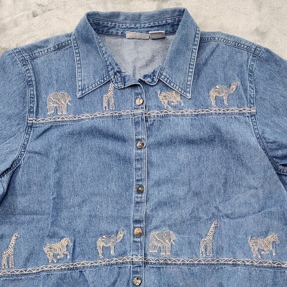 Vintage Cabin Creek Top Womens L Blue Denim Embroidered Button Up Short Sleeve - Picture 2 of 13